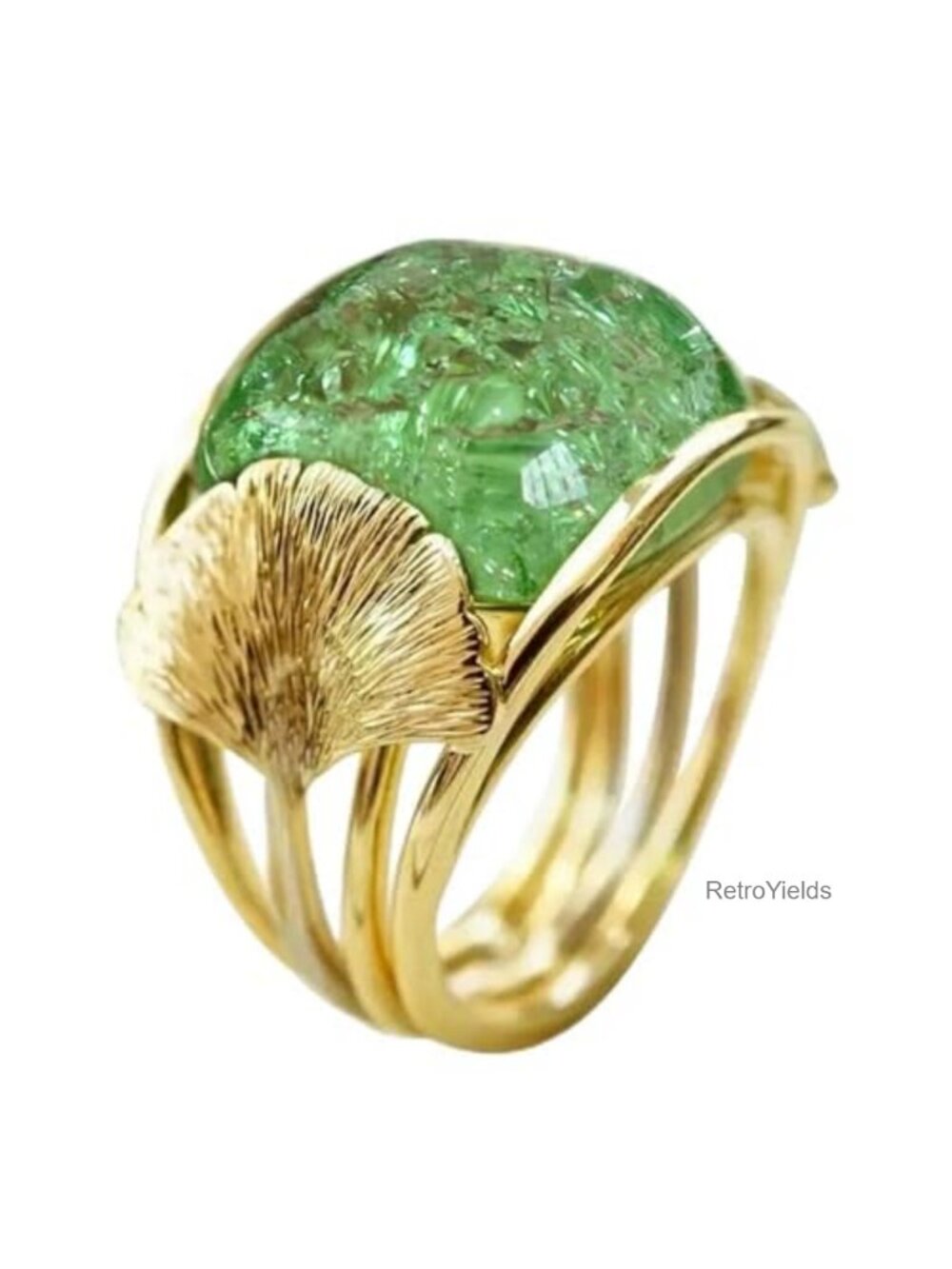 Gold Plated Ginkgo Leaf Green Resin Statement Ring Size 9 Open Band